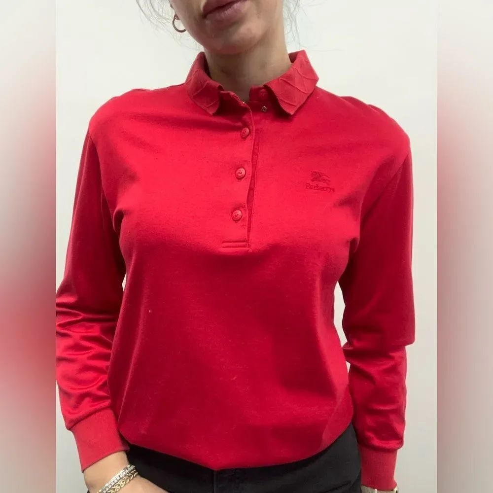 Burberry Vintage Red Long Sleeve Polo Pullover Top Collared Embroidered Logo S
